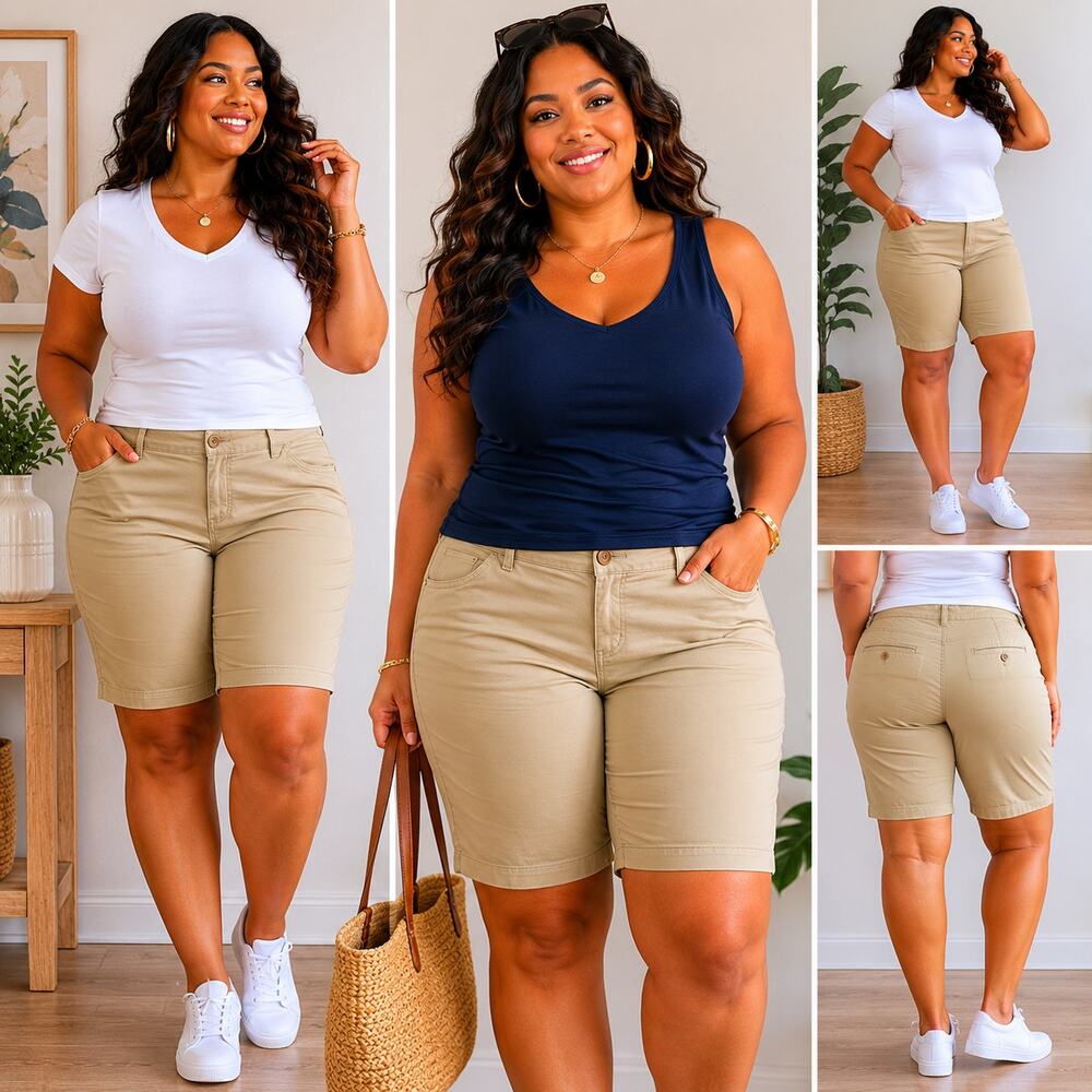 Lands’ End Khaki Bermuda Shorts Women’s 18W Beige Casual Chino